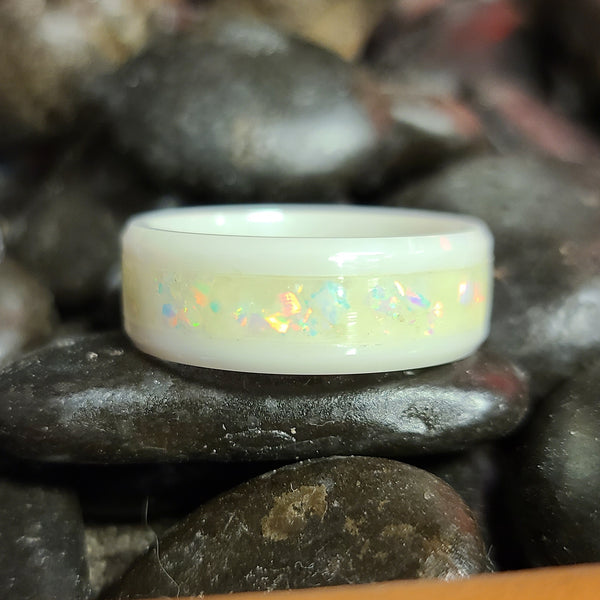 White Ceramic Ring with White Pearl Opal Inlay